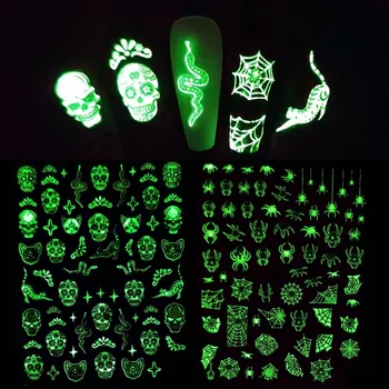 Fluorescence Halloween Nalepke za Nohte Spider Web Lobanje Kača Žareče v temi Svetlobna 3D Samolepilne Nalepke Nalepke Modni ##21