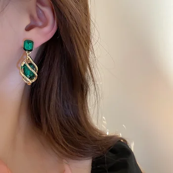 Korejski Moda Smaragdno Kristalno Visijo Uhani za Ženske Trendy Zlato Barvo Votlih Stud Uhan Rojstni dan Darila Pendientes Mujer